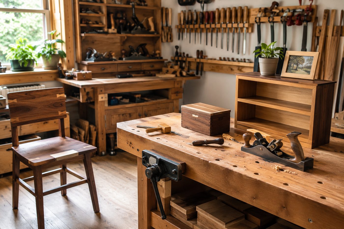 Handcrafted wood projects in a workshop